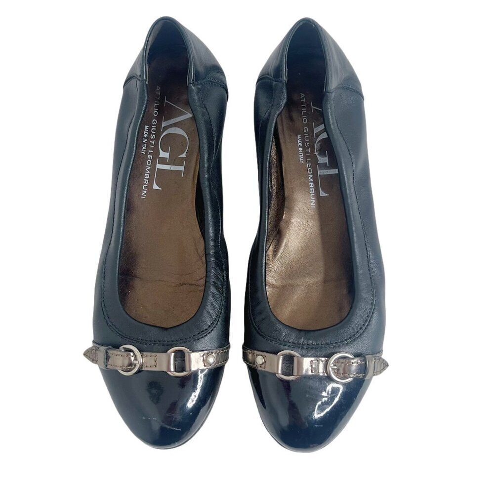 AGL Monika Cap Toe Ballet Flat Black Leather Bronze Buckle Women's Size 9.5